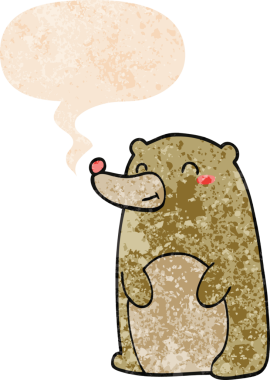 Bir insan tarafından çizilmiş grunge sıkıntılı retro biçimli konuşma baloncuğu ile sevimli çizgi film ayısı