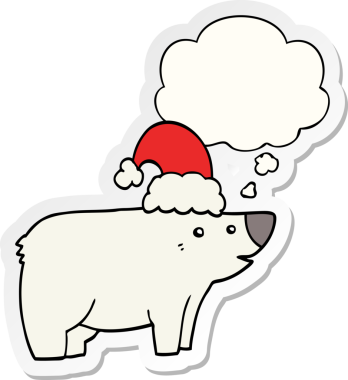 Bir insan tarafından çizilmiş bir çıkartma olarak düşünce baloncuklu Noel şapkası takan çizgi film ayısı.