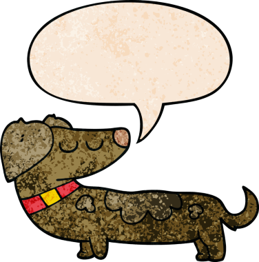 Konuşma baloncuğu olan çizgi film köpeği insan tarafından çizilmiş eski moda dokular.