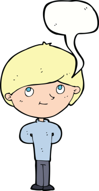 Bir insan tarafından çizilmiş konuşma balonu olan mutlu bir çocuk.