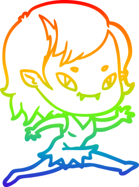 Gökkuşağı gradyan çizgi çizimi. Bir insan tarafından çizilmiş, arkadaş canlısı vampir kız çizimi.