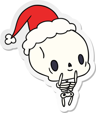 Bir insan tarafından çizilmiş kawaii iskeletinin Noel çıkartması.