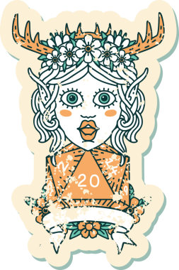 Retro Dövme Tarzı Elf Karakteri Bir insan tarafından çizilmiş doğal 20 zar ile