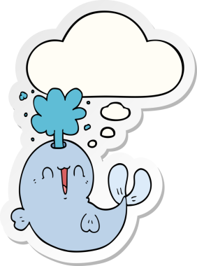 Bir insan tarafından çizilmiş bir çıkartma gibi düşünce baloncuğuyla su püskürten çizgi film balinası.