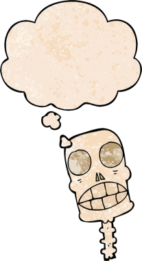 Bir insan tarafından çizilmiş grunge desenli düşünce baloncuğu olan karikatürümsü kafatası.