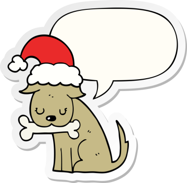 Bir insan tarafından çizilmiş konuşma balonu çıkartmalı şirin bir Noel köpeği.