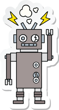 Bir insan tarafından çizilmiş arızalı sevimli bir robot karikatürü çıkartması.
