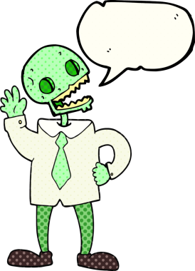 Bir insan tarafından çizilmiş serbest çizilmiş çizgi roman konuşma balonu zombi iş adamı.