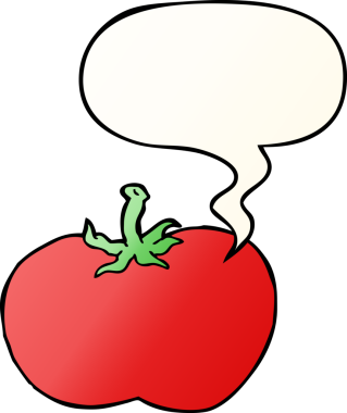 bir insan tarafından çizilmiş, konuşma baloncuklu çizgi film domatesi.