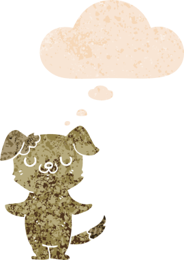 Düşünce baloncuğu ve grunge dertli eski moda bir insan tarafından çizilmiş bir köpek yavrusu.