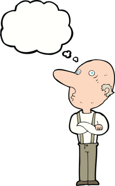 Bir insan tarafından çizilmiş düşünce balonuyla kollarını kavuşturmuş yaşlı bir adam.