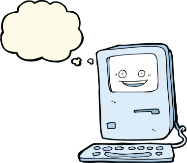 Bir insan tarafından çizilmiş düşünce baloncuklu eski bir bilgisayar.