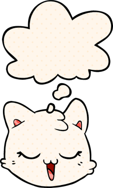 Çizgi roman tarzında bir insan tarafından çizilmiş düşünce baloncuklu kedi yüzü.