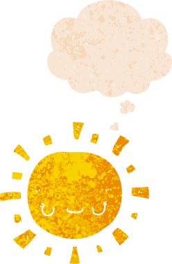 Düşünce baloncuklu karikatür güneşi bir insan tarafından çizilmiş sıkıntılı retro stil