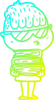 Bir çizgi film karakteri, güneş gözlüğü takan ve bir insan tarafından çizilmiş bir yığın kitap olan bir çizgi film çocuğu çiziyor.