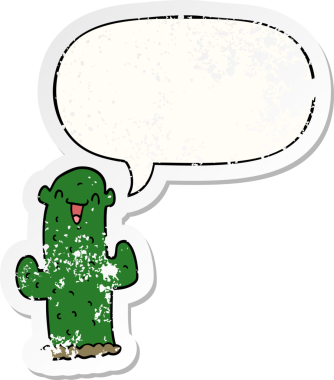 Konuşma baloncuğu olan çizgi film kaktüsü bir insan tarafından çizilmiş sıkıntılı eski bir çıkartma.