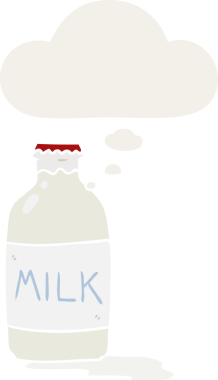 Düşünce baloncuklu çizgi film süt şişesi insan tarafından çizilmiş.