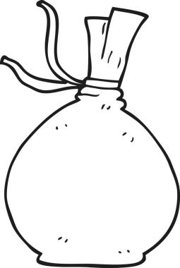 Bir insan tarafından çizilmiş siyah beyaz çizgi film Noel Baba çuvalı.