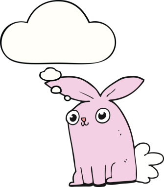 Bir insan tarafından çizilmiş düşünce kabarcığı olan çizgi film tavşanı.