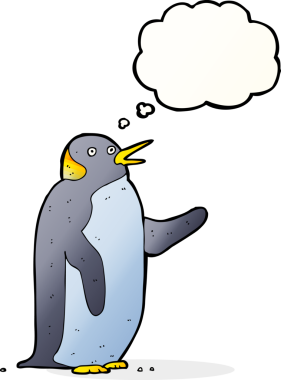 Bir insan tarafından çizilmiş düşünce baloncuğuyla sallanan penguen çizgi filmi.