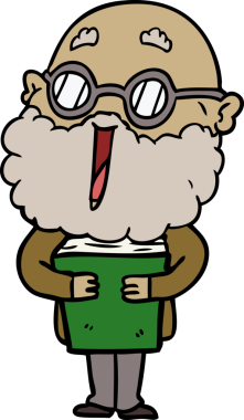 Bir insan tarafından çizilmiş sakallı ve kitaplı neşeli bir adam.