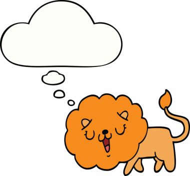 Bir insan tarafından çizilmiş düşünce baloncuğu olan sevimli çizgi film aslanı.