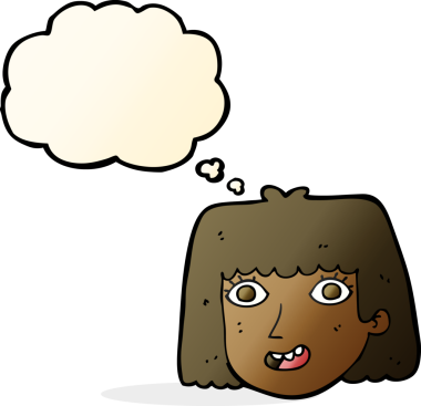 Bir insan tarafından çizilmiş düşünce baloncuklu mutlu kadın yüzü.