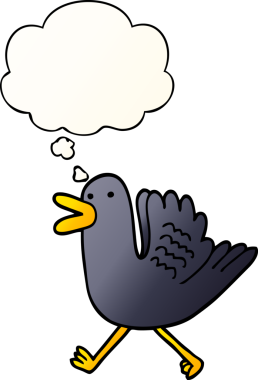 Çizgi film ördeği, bir insan tarafından çizilmiş yumuşak eğimli düşünce baloncuğuyla koşuyor.