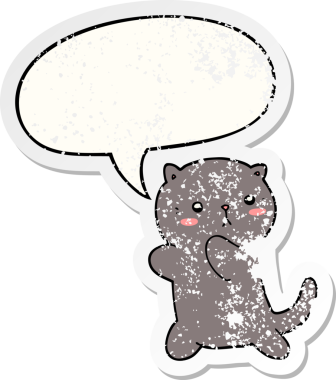 Konuşma baloncuğu olan sevimli çizgi film kedisi bir insan tarafından çizilmiş sıkıntılı eski bir çıkartma