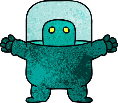 Bir insan tarafından çizilmiş takım elbiseli bir uzaylının el çizimi karikatürü.