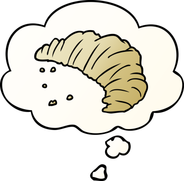 Bir insan tarafından çizilmiş yumuşak eğimli düşünce baloncuklu çizgi film kruvasanı.