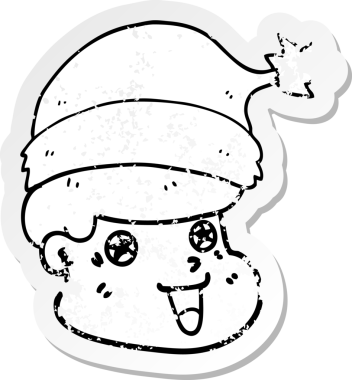 Bir insan tarafından çizilmiş Noel şapkası giyen bir karikatürcünün sıkıntılı çıkartması.