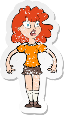 Bir insan tarafından çizilmiş, şok olmuş bir ifadeye sahip, karikatürlü, tatlı bir kızın gerilimli çıkartması.