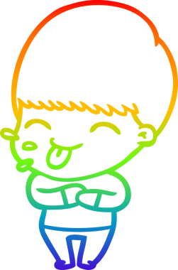 Gökkuşağı gradyan çizgi çizimi bir insan tarafından çizilmiş dili dışarı çıkaran bir çizgi çocuk.