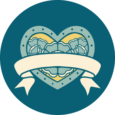 İkonik dövme stili bir kalp ve bir insan tarafından çizilmiş çiçekli pankart.