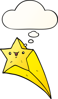 Düşünce baloncuğuyla kayan çizgi film yıldızı bir insan tarafından çizilmiş.