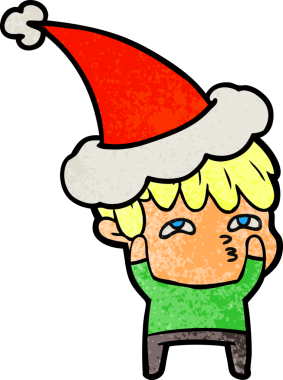 Bir insan tarafından çizilmiş Noel Baba şapkası giyen meraklı bir adamın el çizimi karikatürü.