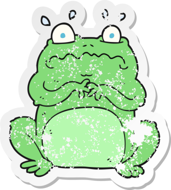 Bir insan tarafından çizilmiş komik bir kurbağanın gerilmiş çıkartması.