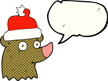 Bir insan tarafından çizilmiş noel şapkası giyen çizgi roman baloncukları çizilmiş bir ayı.