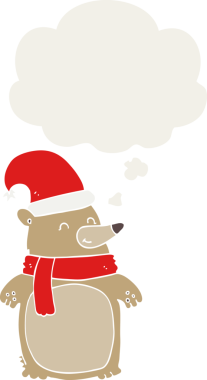 Düşünce baloncuğu olan bir insan tarafından çizilmiş bir çizgi film Noel ayısı.