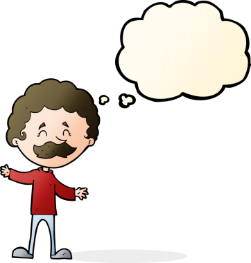 Bir insan tarafından çizilmiş düşünce baloncuklu bıyıklı mutlu adam çizgi filmi.