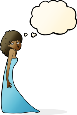 Bir insan tarafından çizilmiş düşünce baloncuğuyla fotoğraf çeken karikatür kadını.