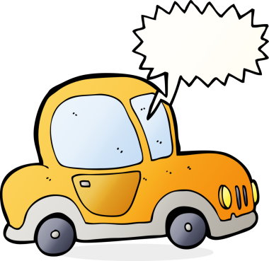 Bir insan tarafından çizilmiş, konuşma balonu olan bir çizgi film arabası.