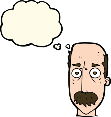 Bir insan tarafından çizilmiş düşünce baloncuklu bıyıklı çizgi film adamı.