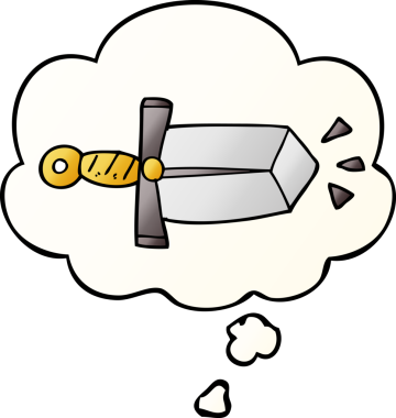 Düşünce baloncuklu çizgi film kılıcı bir insan tarafından çizilmiş.