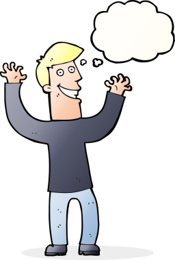 Bir insan tarafından çizilmiş düşünce baloncuğu ile heyecanlı bir adam.