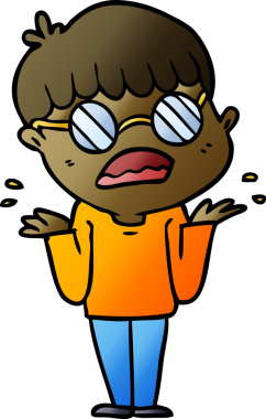 Bir insan tarafından çizilmiş gözlüklü, kafası karışık bir çocuk.