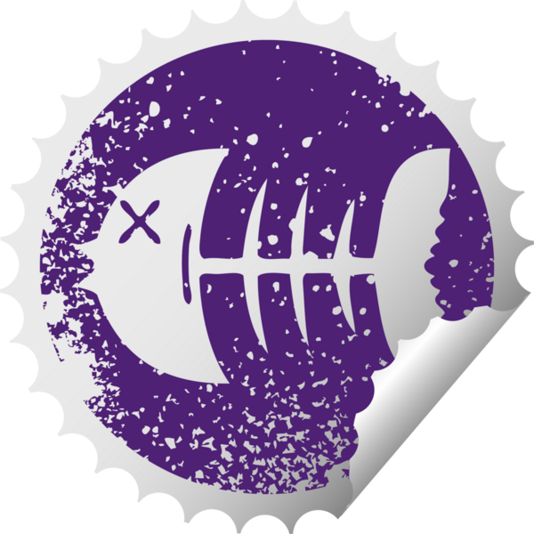 Sıkıntılı dairesel soyma etiketi garip bir sembol. Bir insan tarafından çizilmiş ölü balık kemiği.