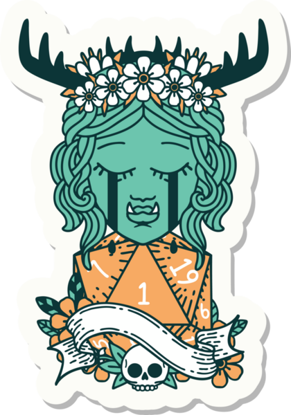 Ağlayan bir Ork Druid karakterinin çıkartması. Doğal bir D20 rulo insan tarafından çizilmiş.