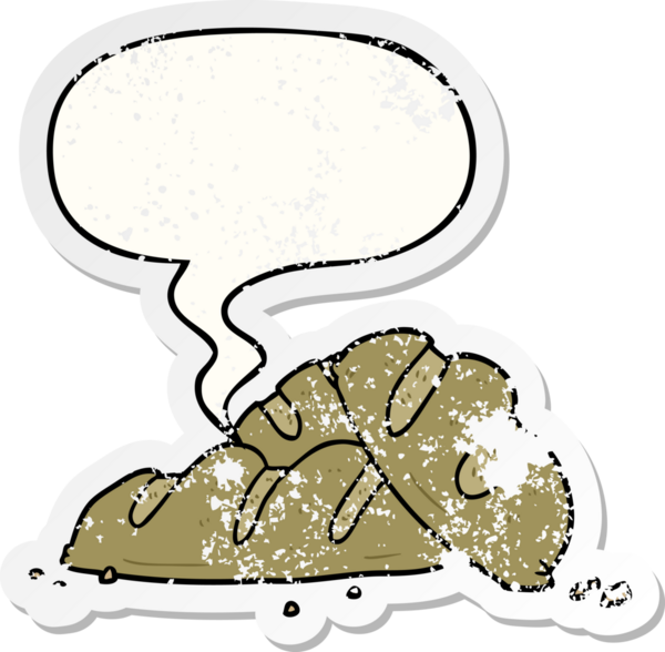 Yeni pişmiş ekmek karikatürleri ve konuşma baloncuğu bir insan tarafından çizilmiş sıkıntılı eski bir çıkartma.